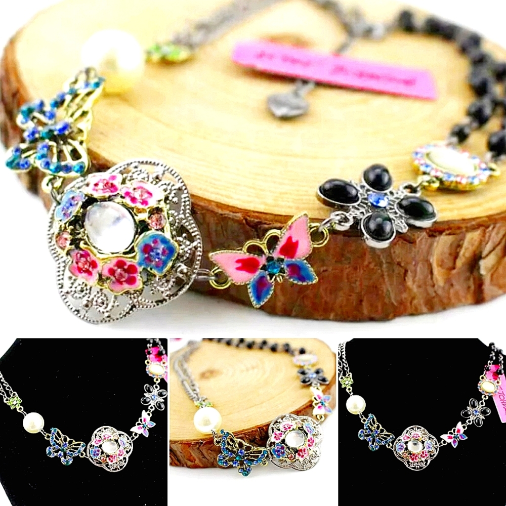 Pink and blue crystal flower butterfly Pearl necklace